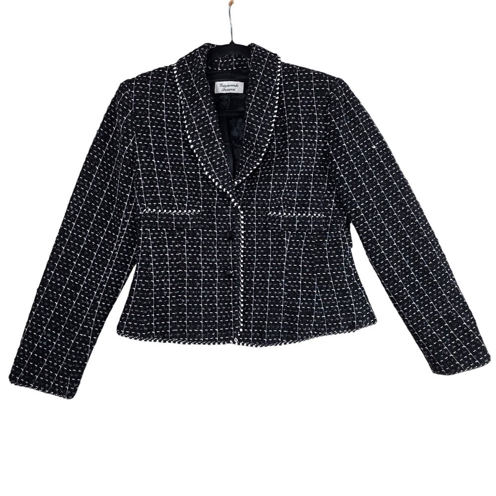 VTG Giancarlo Ferranti Jacket Womens 8 Black White Textured Tweed Trim Blazer